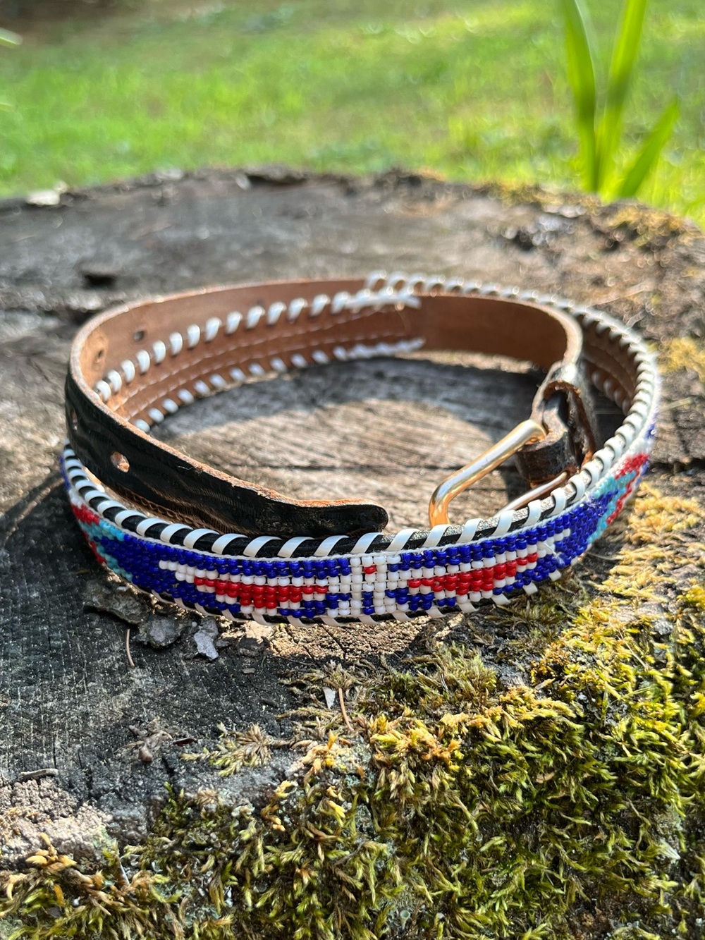 70s Tooled Genuine Leather Beaded Native American Thunderbird Belt Size 32 Boho